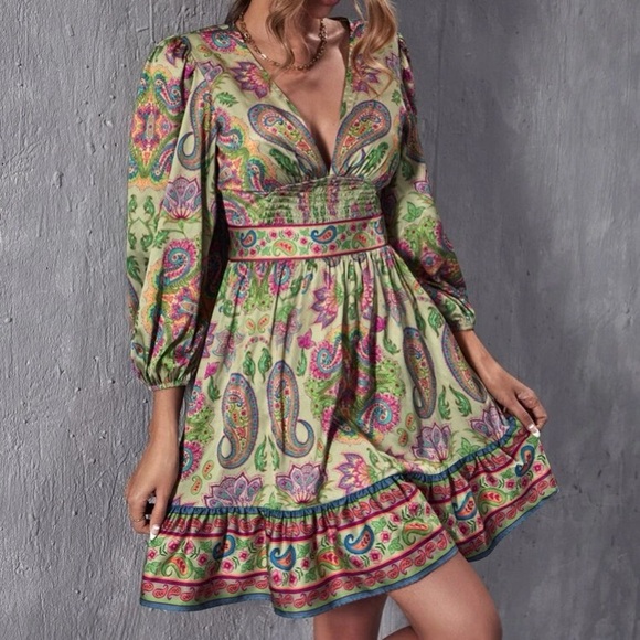 Boho floral paisley print lantern sleeve ruffle hem dress - Picture 4 of 7